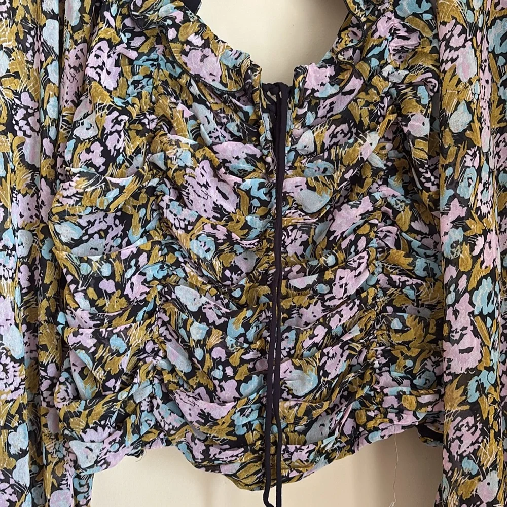 Free People Mabel Printed Ruffle Tie-Front Open-Back Floral Blouse Size Large